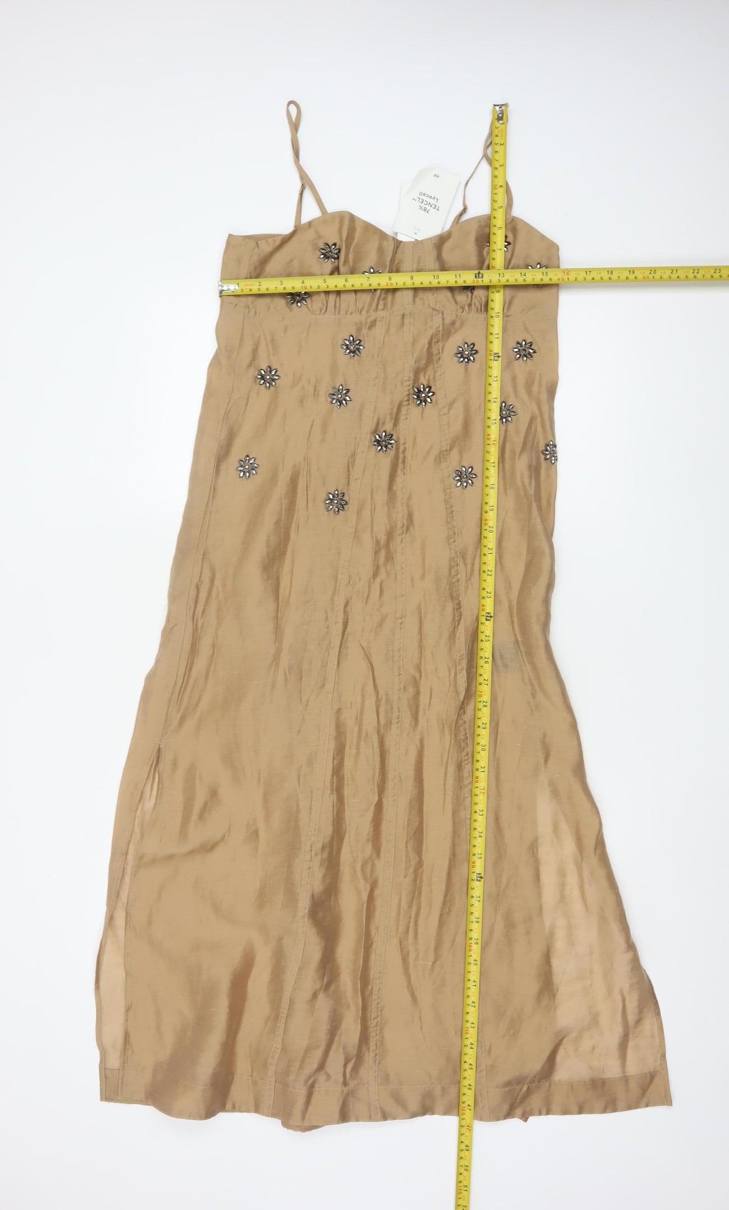 H&M Edition Women Gold UK 8 Long Fit & Flare Beaded Strappy Dress