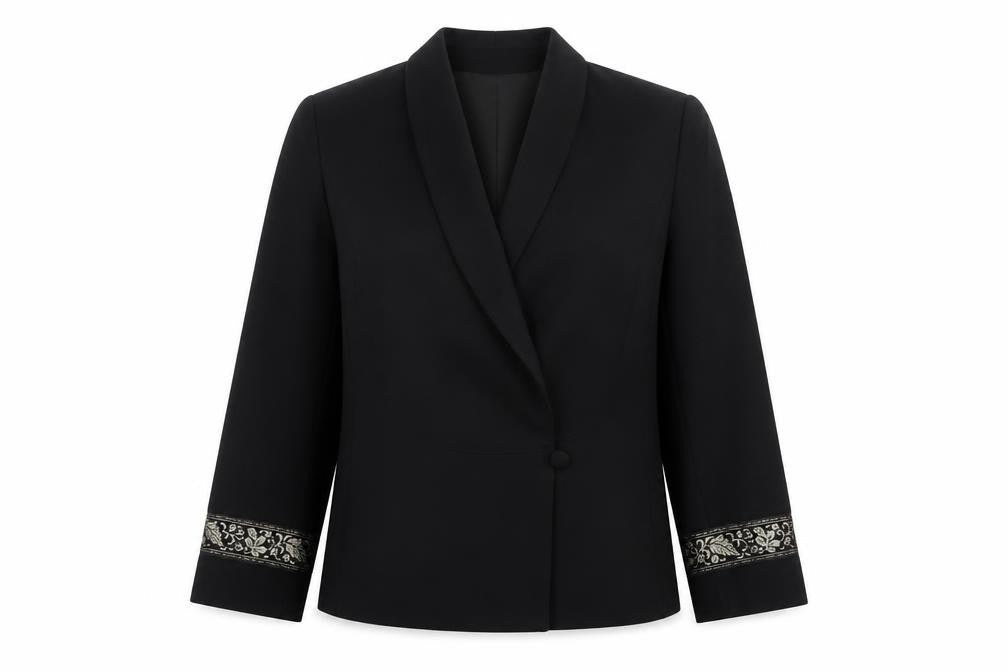 Precis Women Black UK 10 Tuxedo Blazer Wool Gold Floral Cuff Vintage
