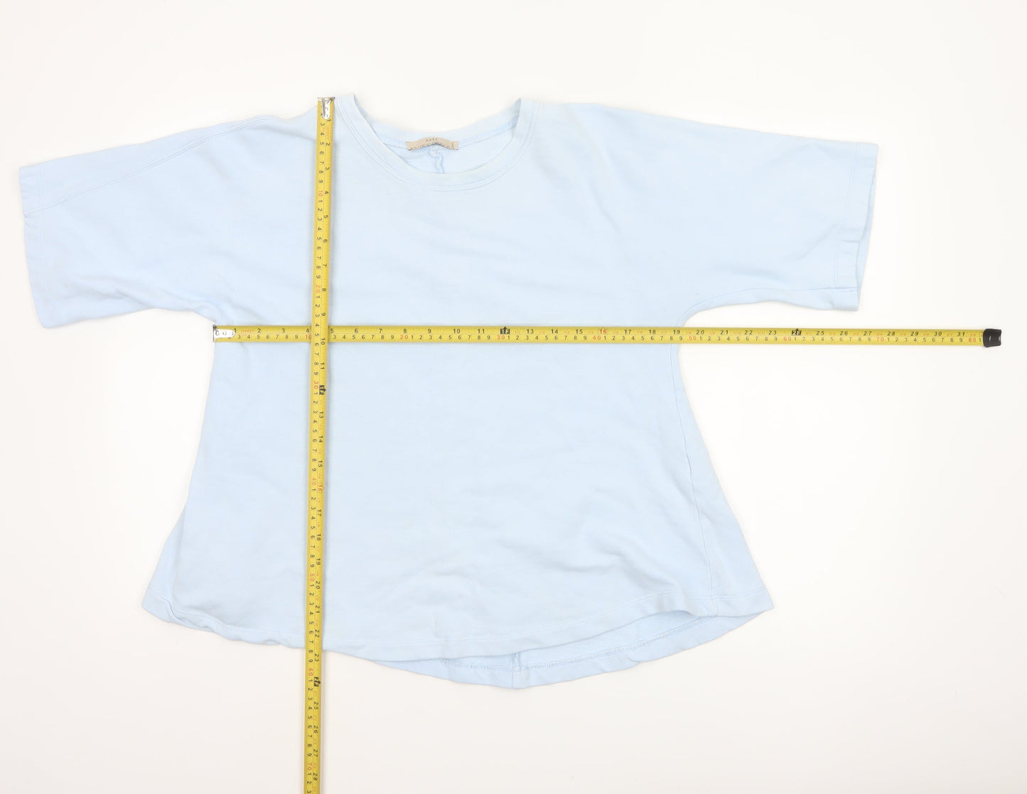 Zara Women Blue M Basic Cotton Crew Neck Kimono Sleeve T-Shirt
