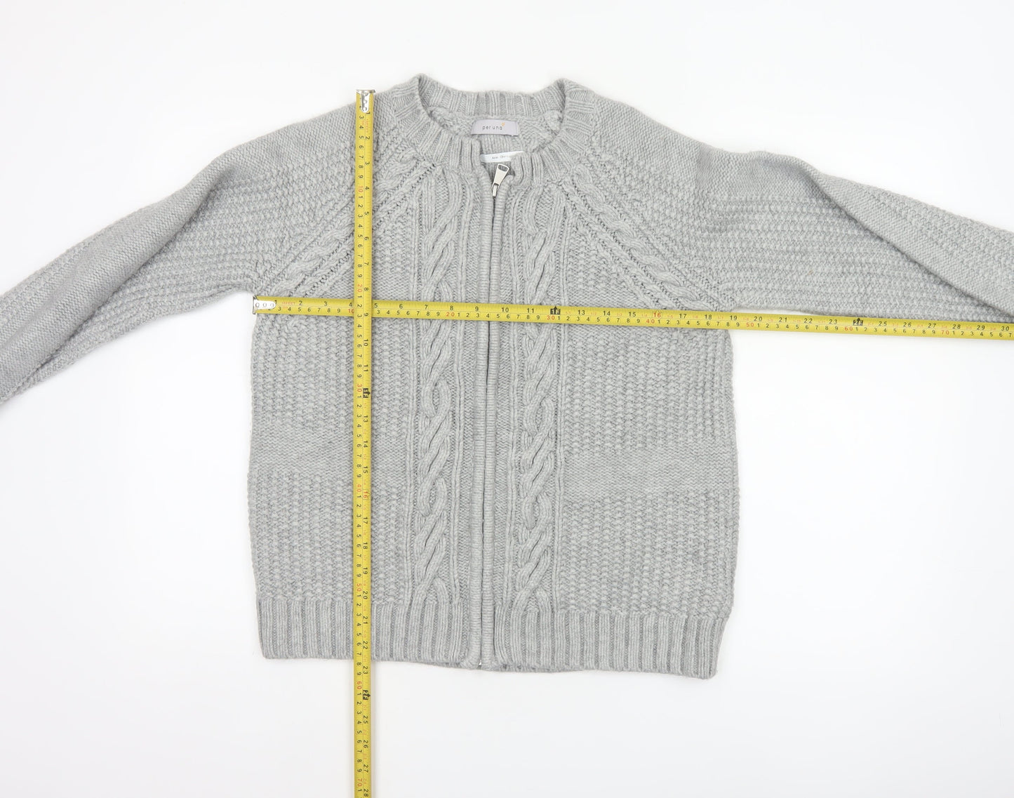 Marks & Spencer Women Grey UK 14 Cable Knit Full Zip Cardigan
