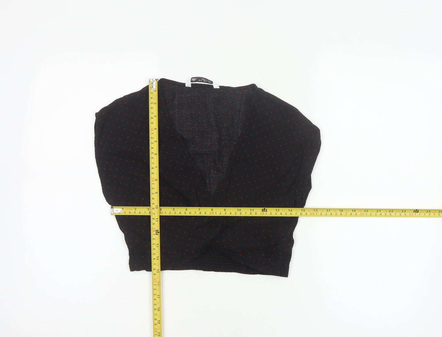 Zara Women Black Red Polka Dot Cropped V-Neck Blouse Size S