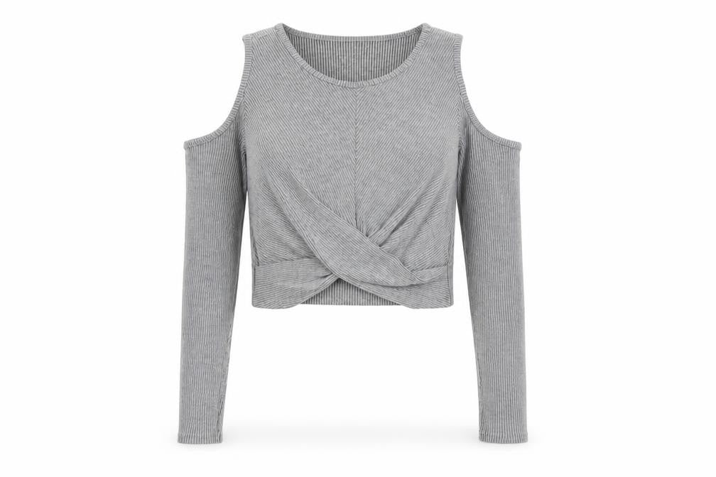 Front view of Miss Selfridge Women Grey UK 6 Cropped Cold Shoulder Ribbed Top