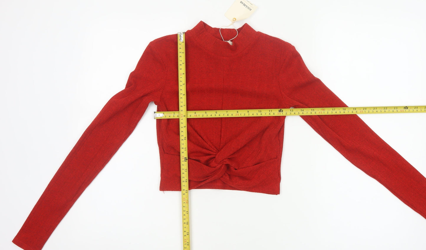 Pull&Bear Women Red S Cropped Twist Front Mock Neck Knit Top