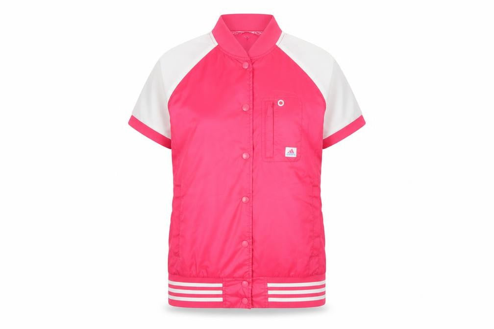 Front view of Adidas Women Pink White UK 12 Bomber Jacket Short Sleeve Clima