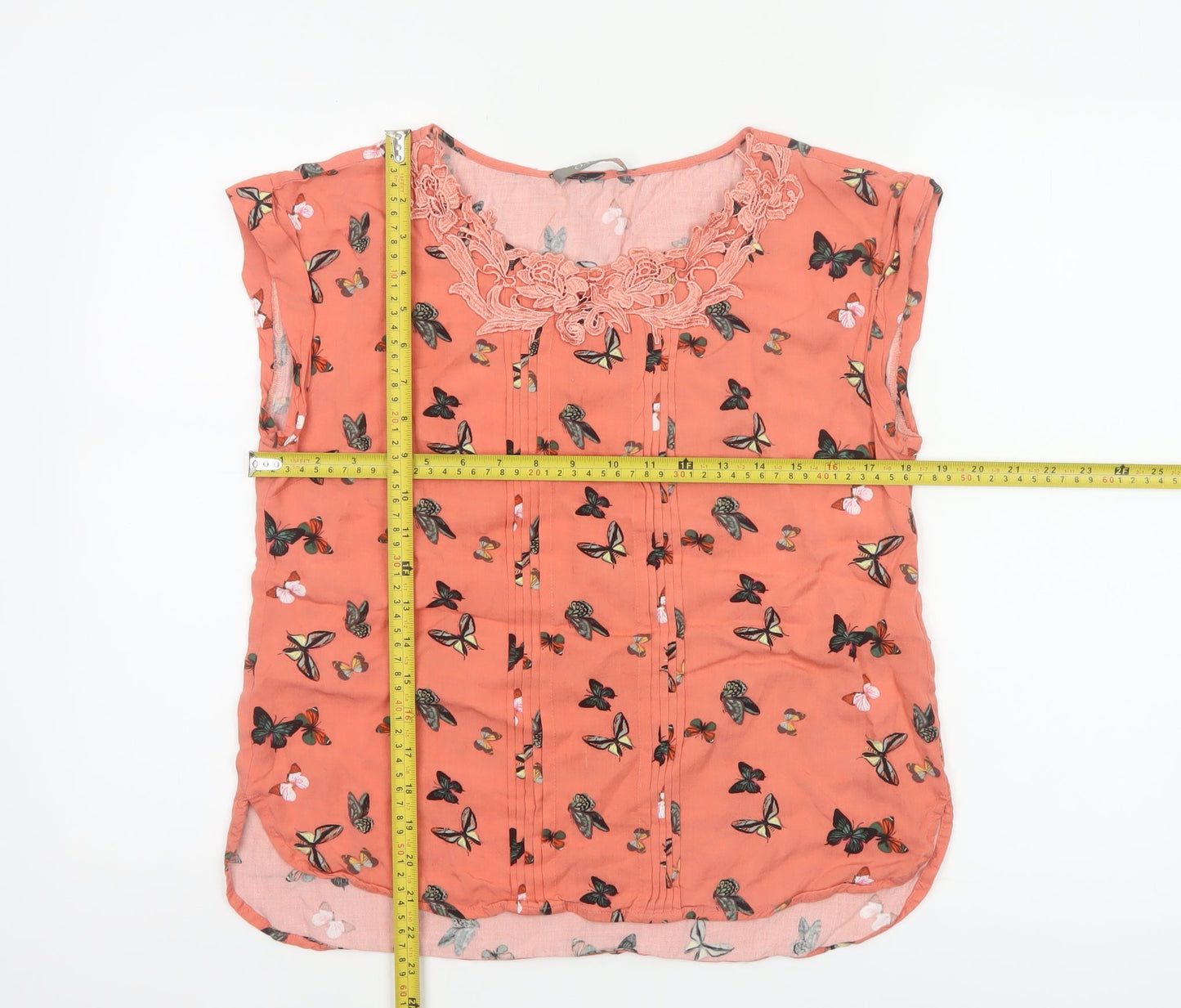 Oasis Women Orange UK 10 Butterfly Print Lace Cap Sleeve Blouse