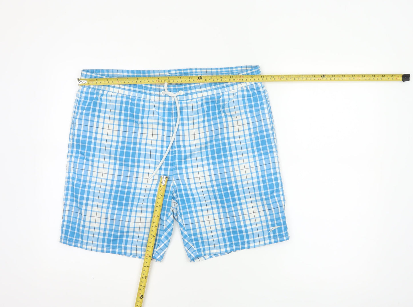 Speedo Men’s Blue Check Swim Shorts Size S Drawstring Mesh Lined
