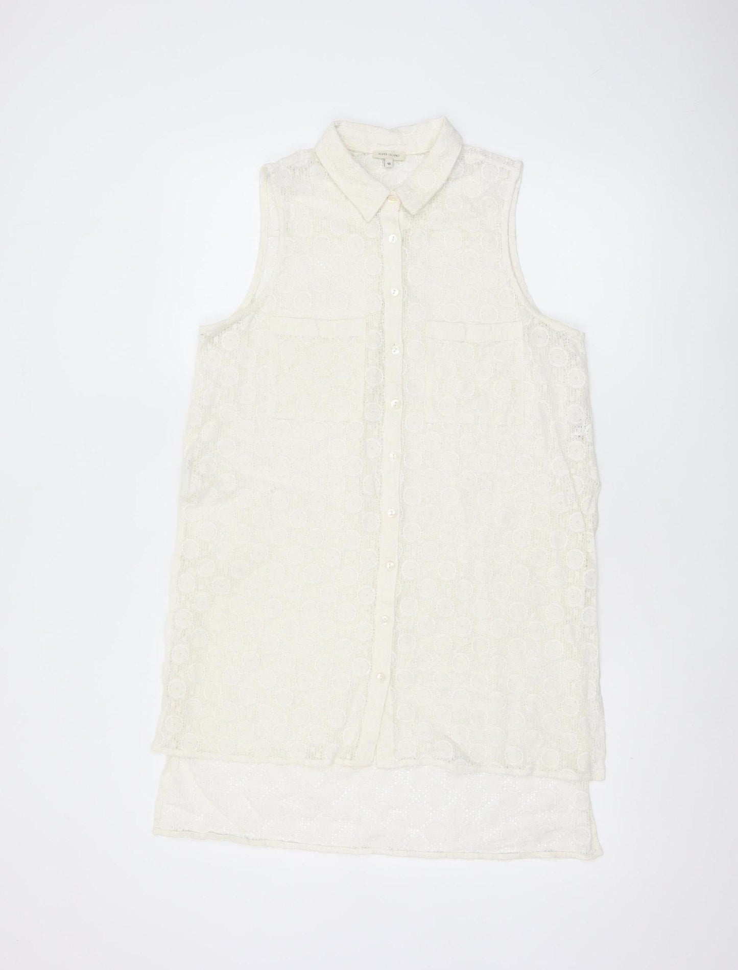 River Island Women Ivory UK 10 Sleeveless Lace Collared Button-Up Blouse