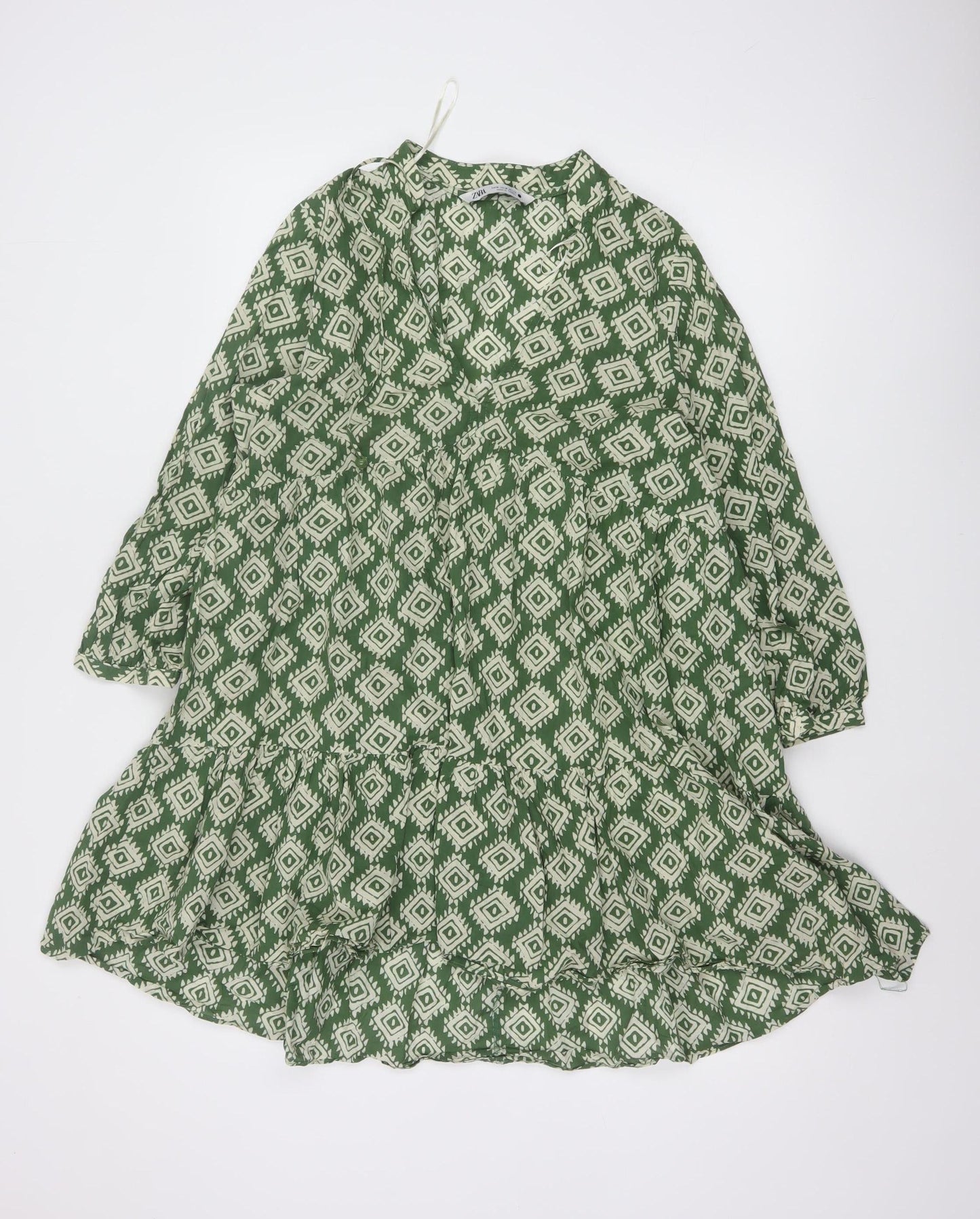 Zara Women Green Geometric Cotton A-Line Short Dress Size M