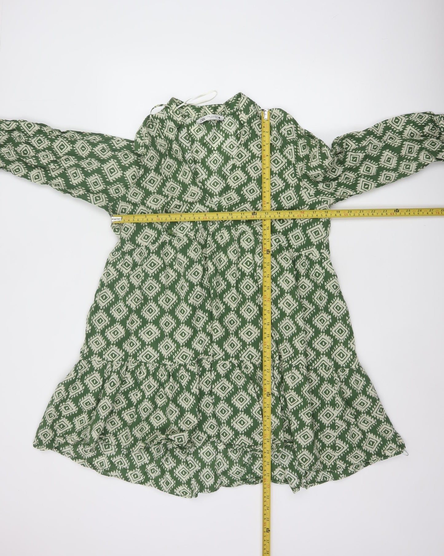 Zara Women Green Geometric Cotton A-Line Short Dress Size M