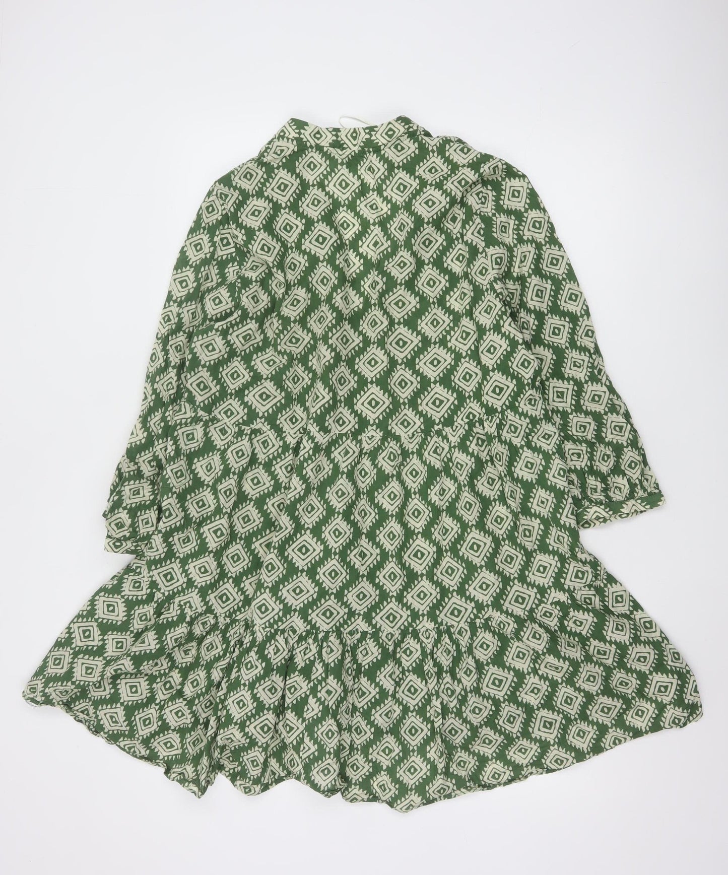 Zara Women Green Geometric Cotton A-Line Short Dress Size M