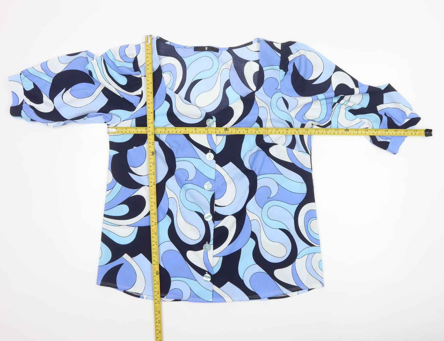 Very Women’s Blue Geometric Print Button Blouse Size 16 3/4 Sleeve