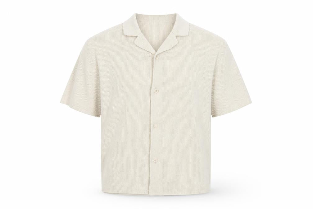 Front view of COS Men’s Ivory M Relaxed Cotton Blend Textured Short Sleeve Button-Up Shirt