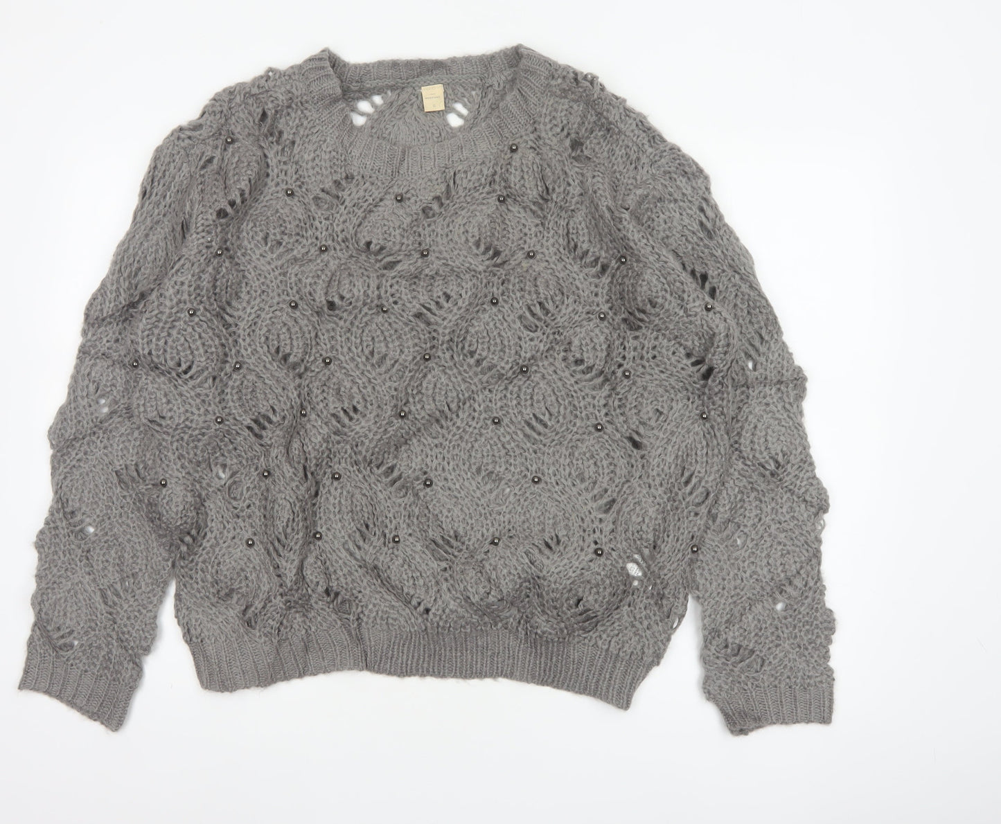 Marfinno Women’s Grey L Cable Knit Beaded Crew Neck Jumper