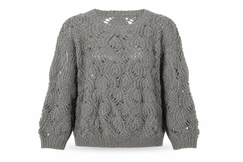 Marfinno Women’s Grey L Cable Knit Beaded Crew Neck Jumper