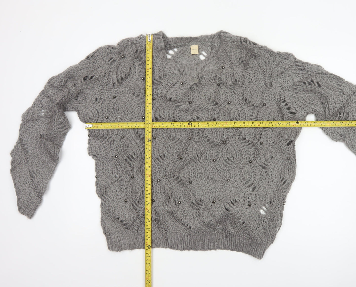 Marfinno Women’s Grey L Cable Knit Beaded Crew Neck Jumper