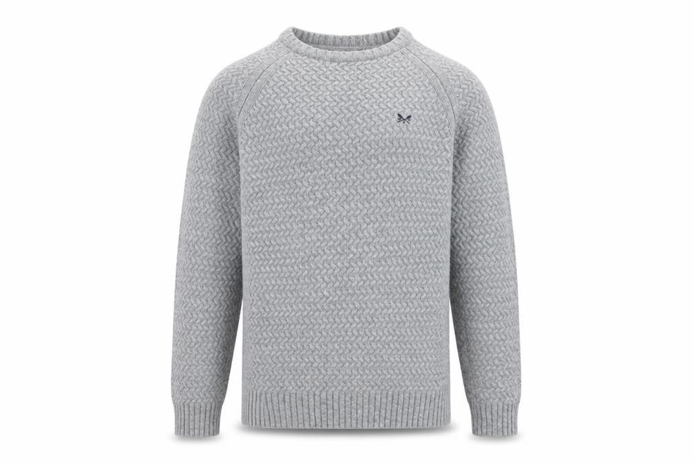Front view of Crew Clothing Men's Grey L Cable Knit Lambswool Blend Jumper