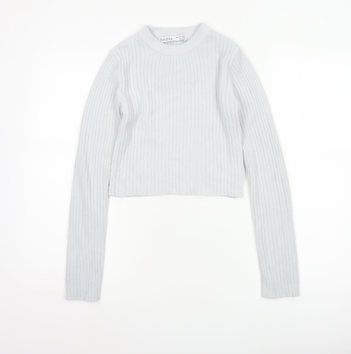 Bershka Women Grey S Ribbed Mock Neck Slim Knit Pullover Jumper