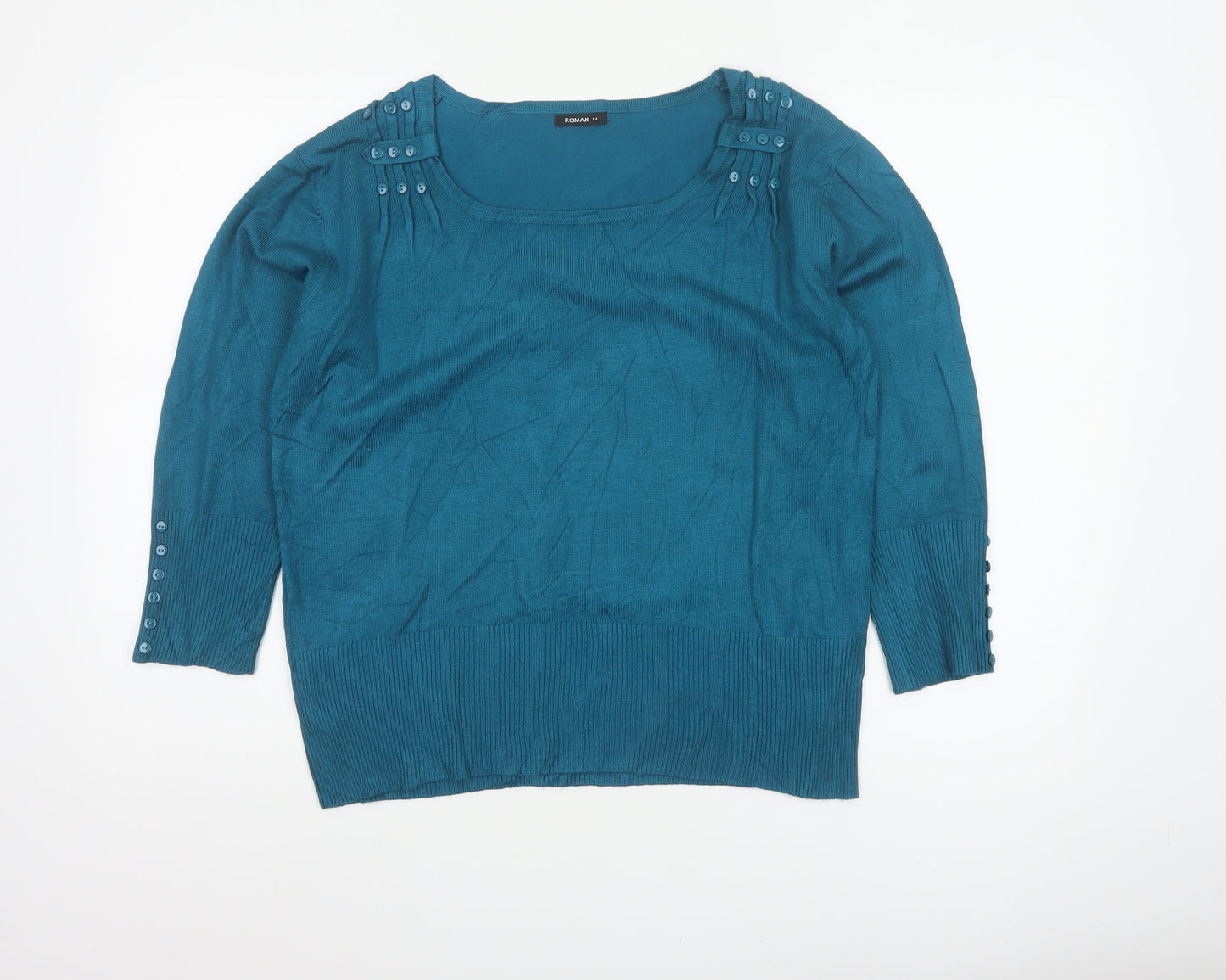 Roman Women’s Blue Size 14 Button Detail Scoop Neck Knit Jumper