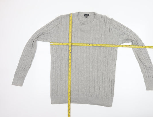 Uniqlo Men Grey XL Cable Knit Cotton Cashmere Crew Neck Pullover Jumper