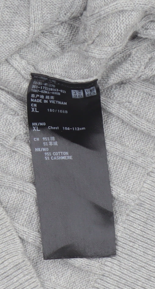 Uniqlo Men Grey XL Cable Knit Cotton Cashmere Crew Neck Pullover Jumper