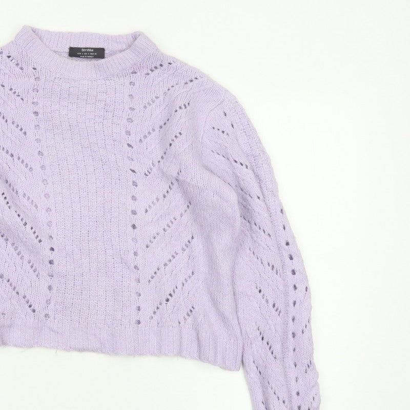 Bershka Women Purple S Open Knit Raglan Crew Neck Jumper