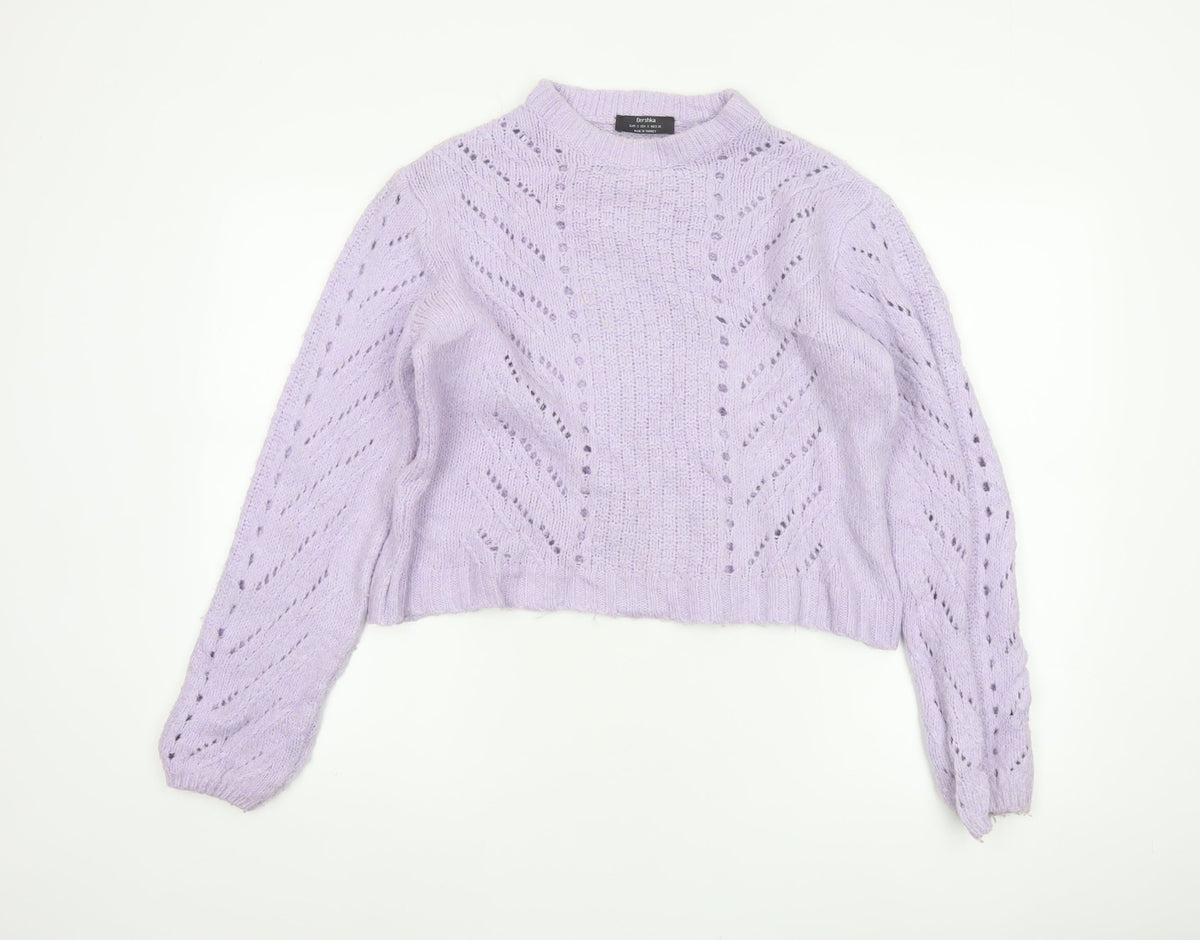 Bershka Women Purple S Open Knit Raglan Crew Neck Jumper