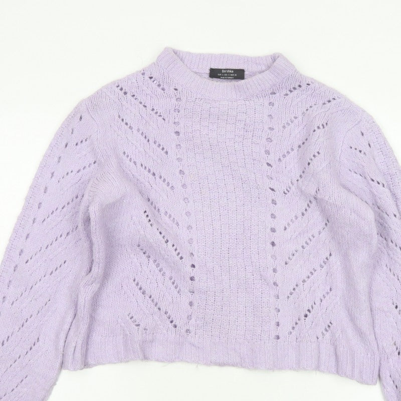 Bershka Women Purple S Open Knit Raglan Crew Neck Jumper