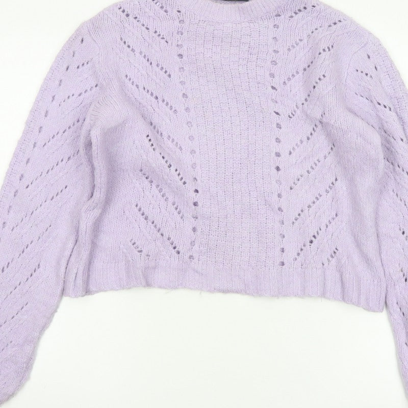 Bershka Women Purple S Open Knit Raglan Crew Neck Jumper