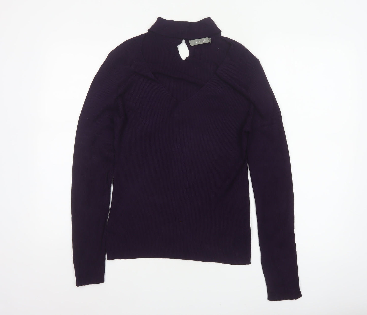 Oasis Women Purple M Rib Knit High Neck V-Neck Slim Jumper