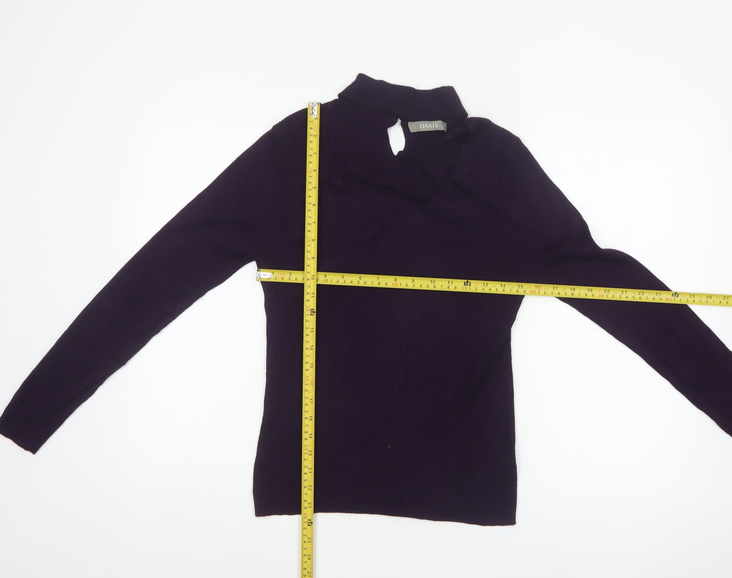 Oasis Women Purple M Rib Knit High Neck V-Neck Slim Jumper