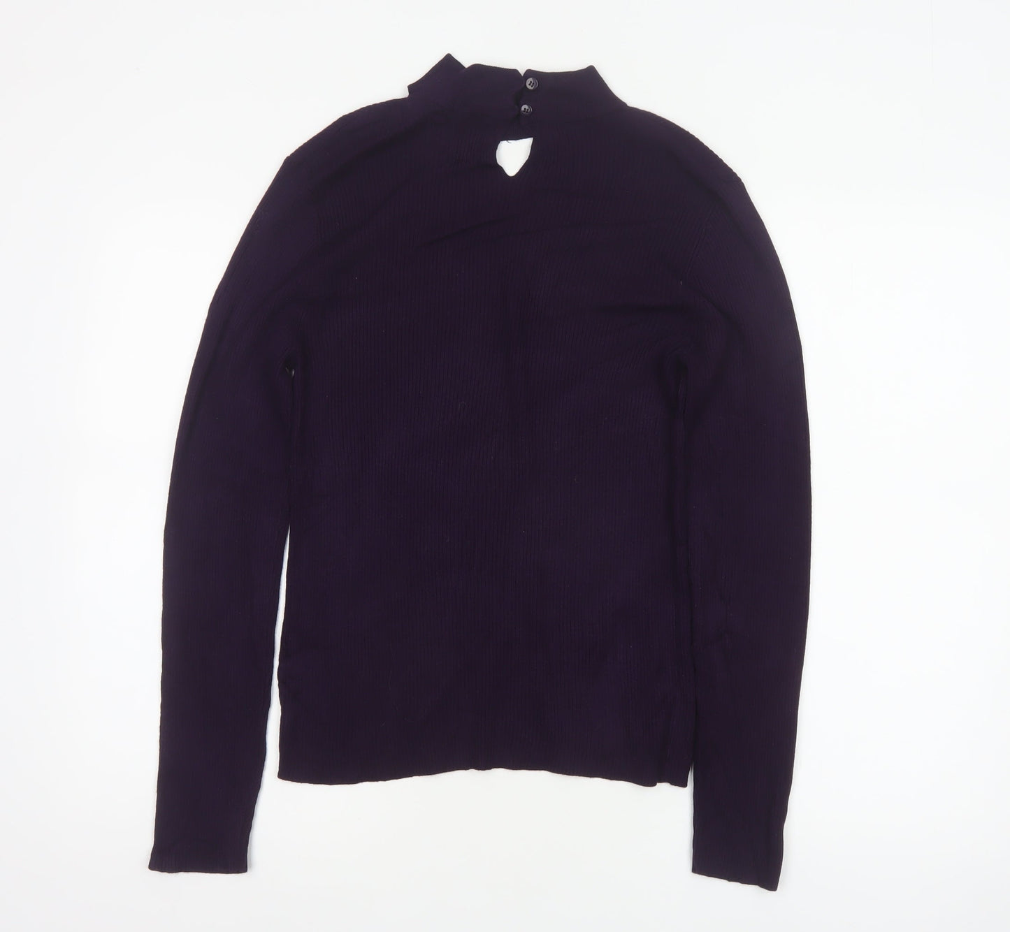 Oasis Women Purple M Rib Knit High Neck V-Neck Slim Jumper