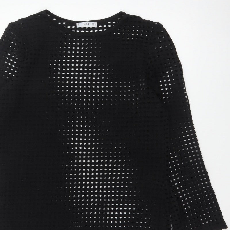 Mango Women Black UK 12 Crochet Knit Shift Dress Bell Sleeve