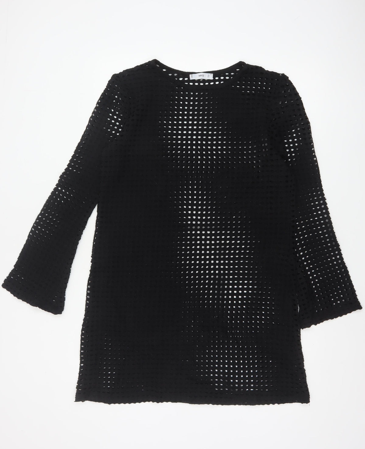 Mango Women Black UK 12 Crochet Knit Shift Dress Bell Sleeve