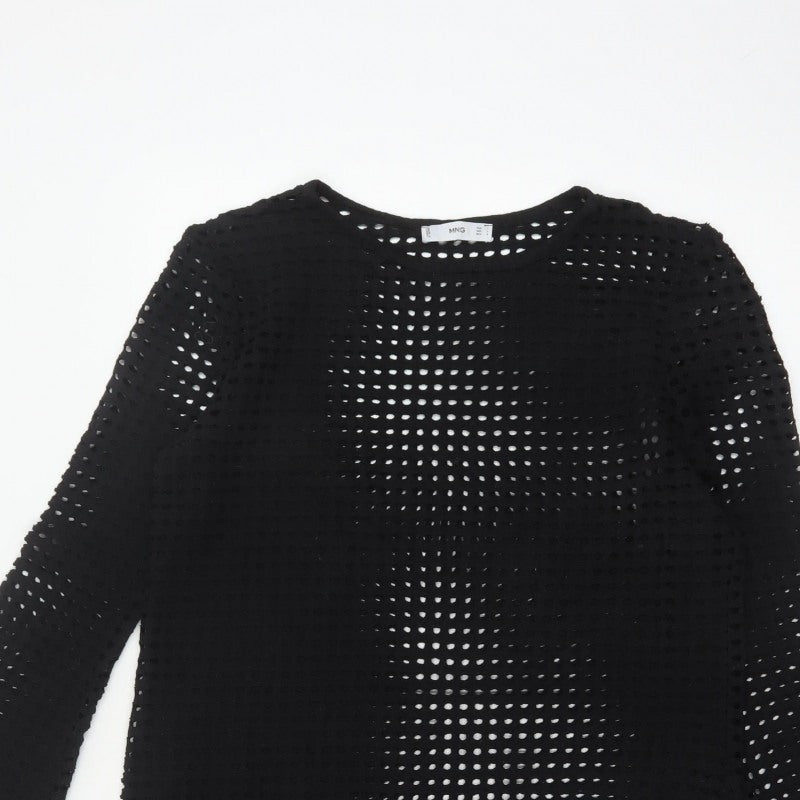 Mango Women Black UK 12 Crochet Knit Shift Dress Bell Sleeve