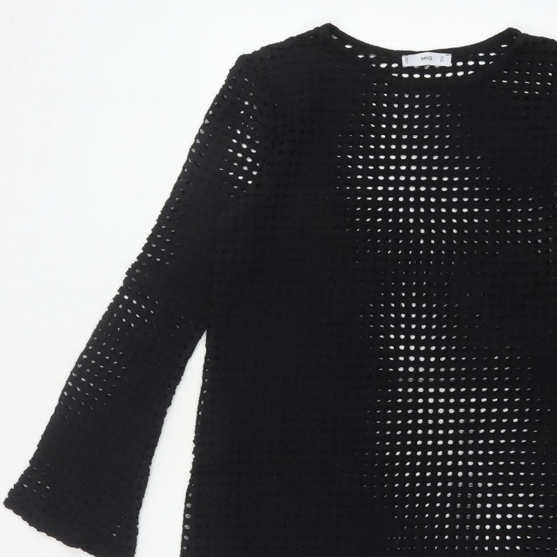 Mango Women Black UK 12 Crochet Knit Shift Dress Bell Sleeve