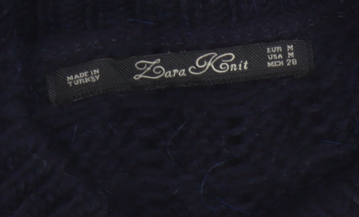 Zara Knit Women Blue M Cable Knit High Neck Alpaca Wool Blend Jumper