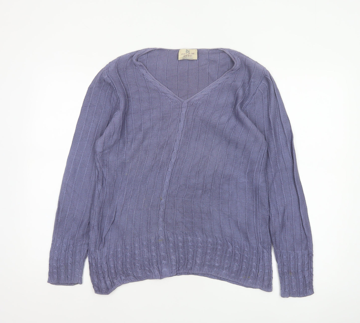 Spirit of the Andes Women Purple S V-Neck Cotton Cable Knit Jumper