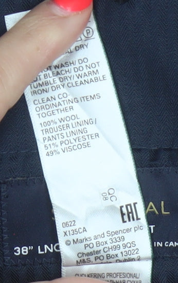 M&S Sartorial Men's Blue 38 Long Tailored Fit Wool Dress Trousers