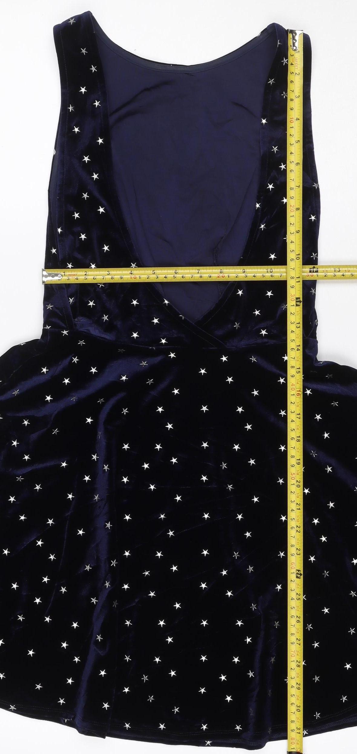 Topshop Women Blue UK 6 One Shoulder Velvet Star Skater Mini Dress