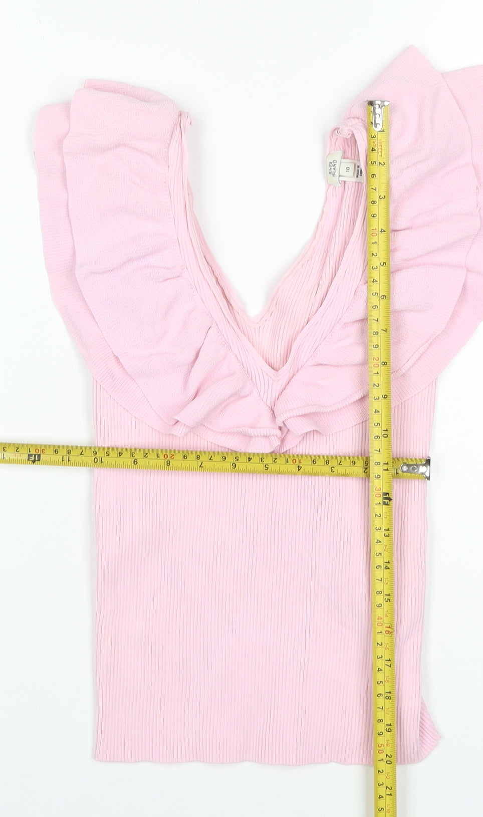 River Island Women Pink Size 10 Rib Knit Ruffle V-Neck Top
