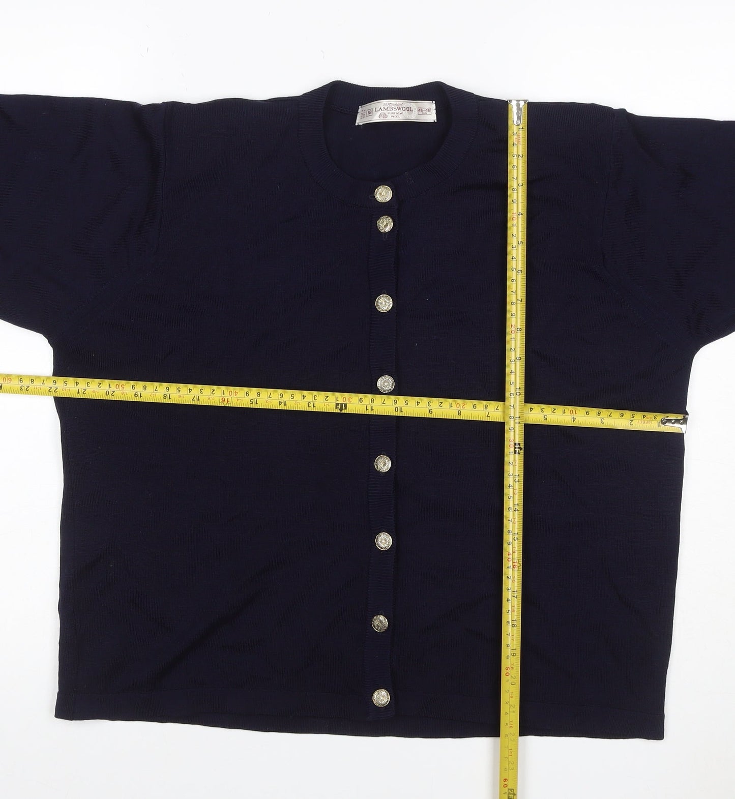 St Michael Women Navy Lambswool Cardigan UK 18 Gold Button Round Neck