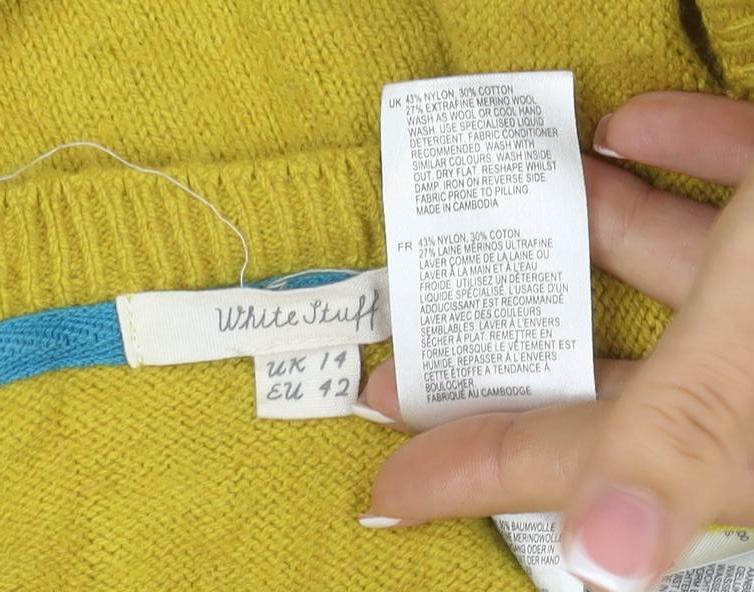 White Stuff Women’s Yellow UK 14 Cotton Raglan Round Neck Knit Jumper