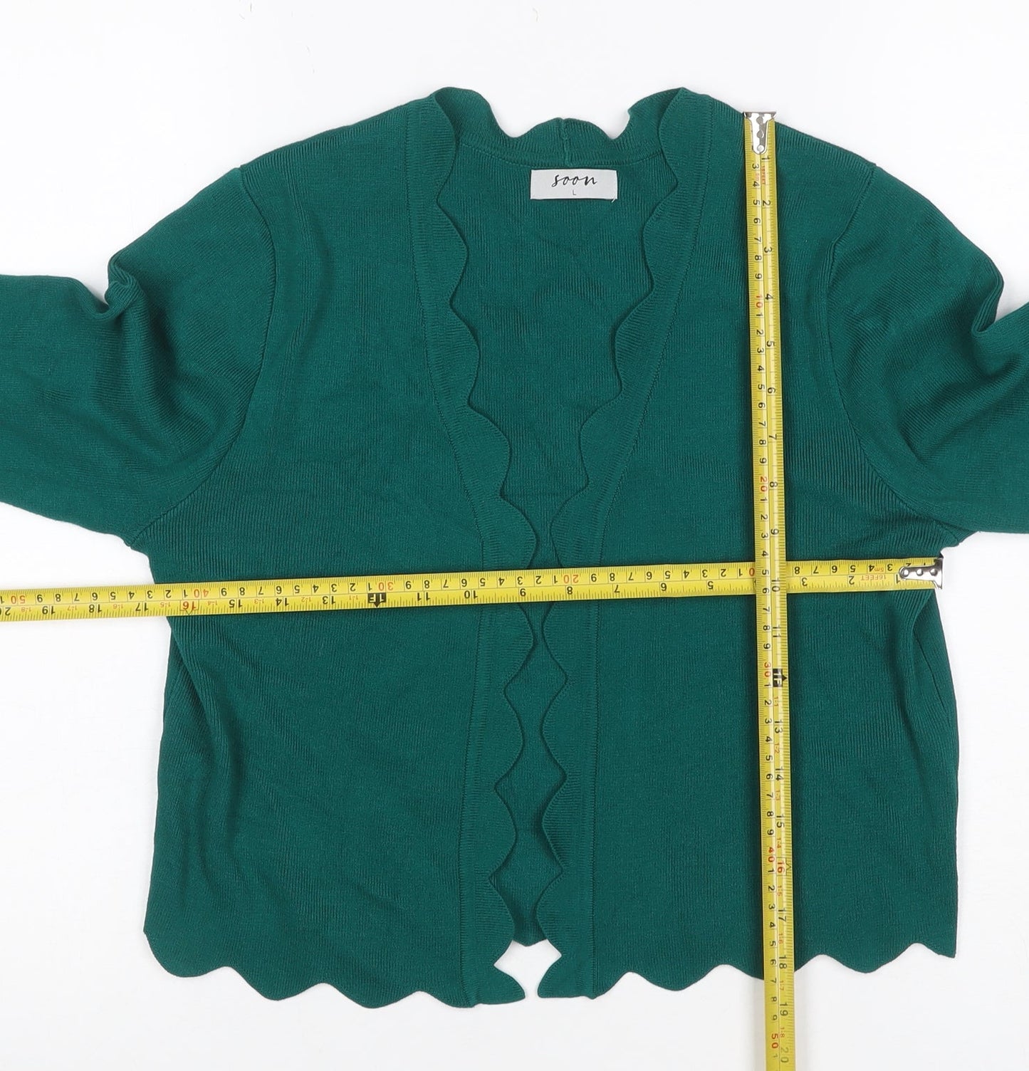 Soom Women Green L Open Scallop Edge Knit Cardigan Long Sleeve