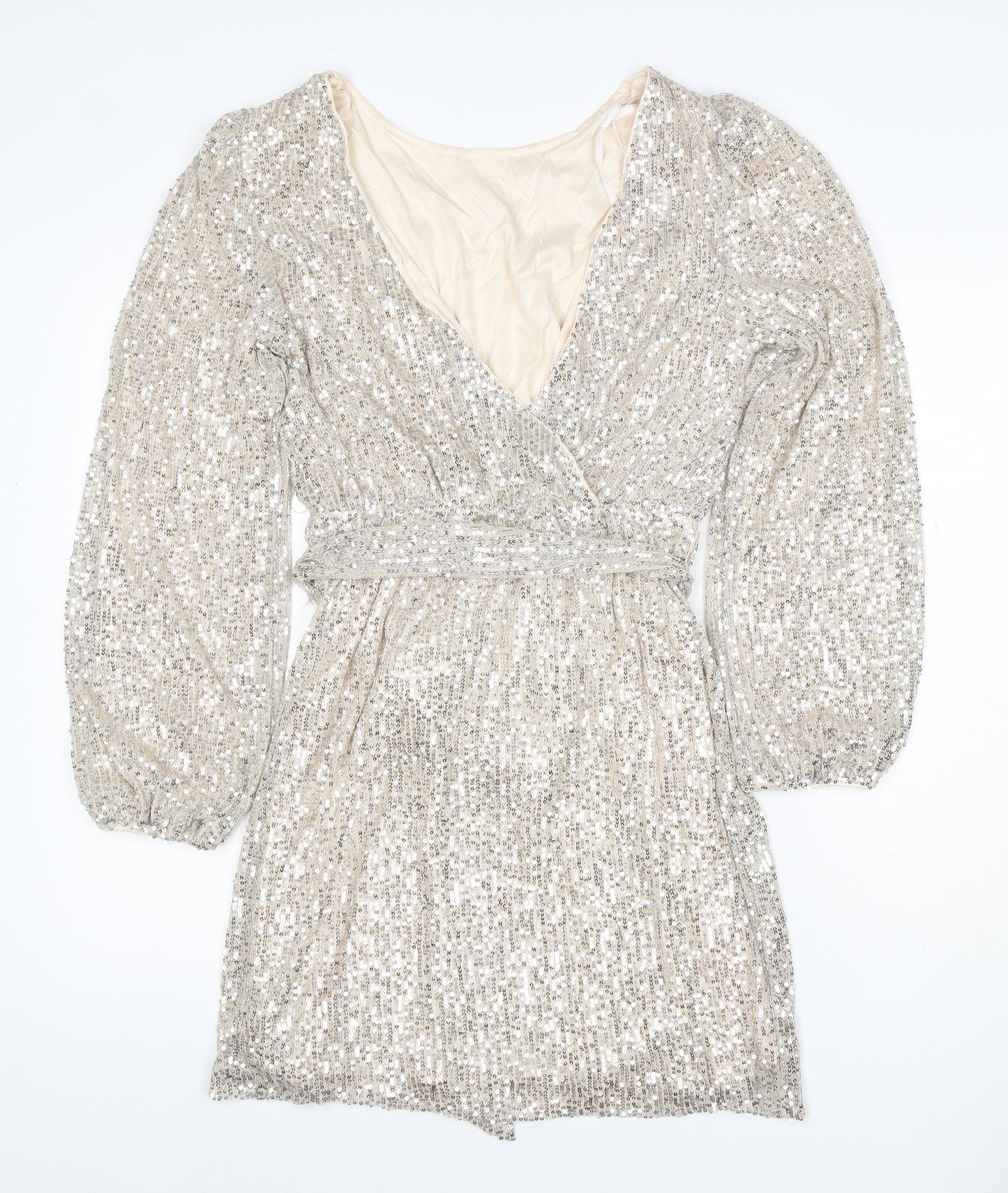 Apricot Women Silver Sequin Wrap Dress UK 10 Long Balloon Sleeve