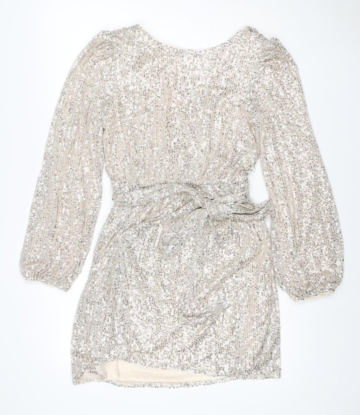 Apricot Women Silver Sequin Wrap Dress UK 10 Long Balloon Sleeve