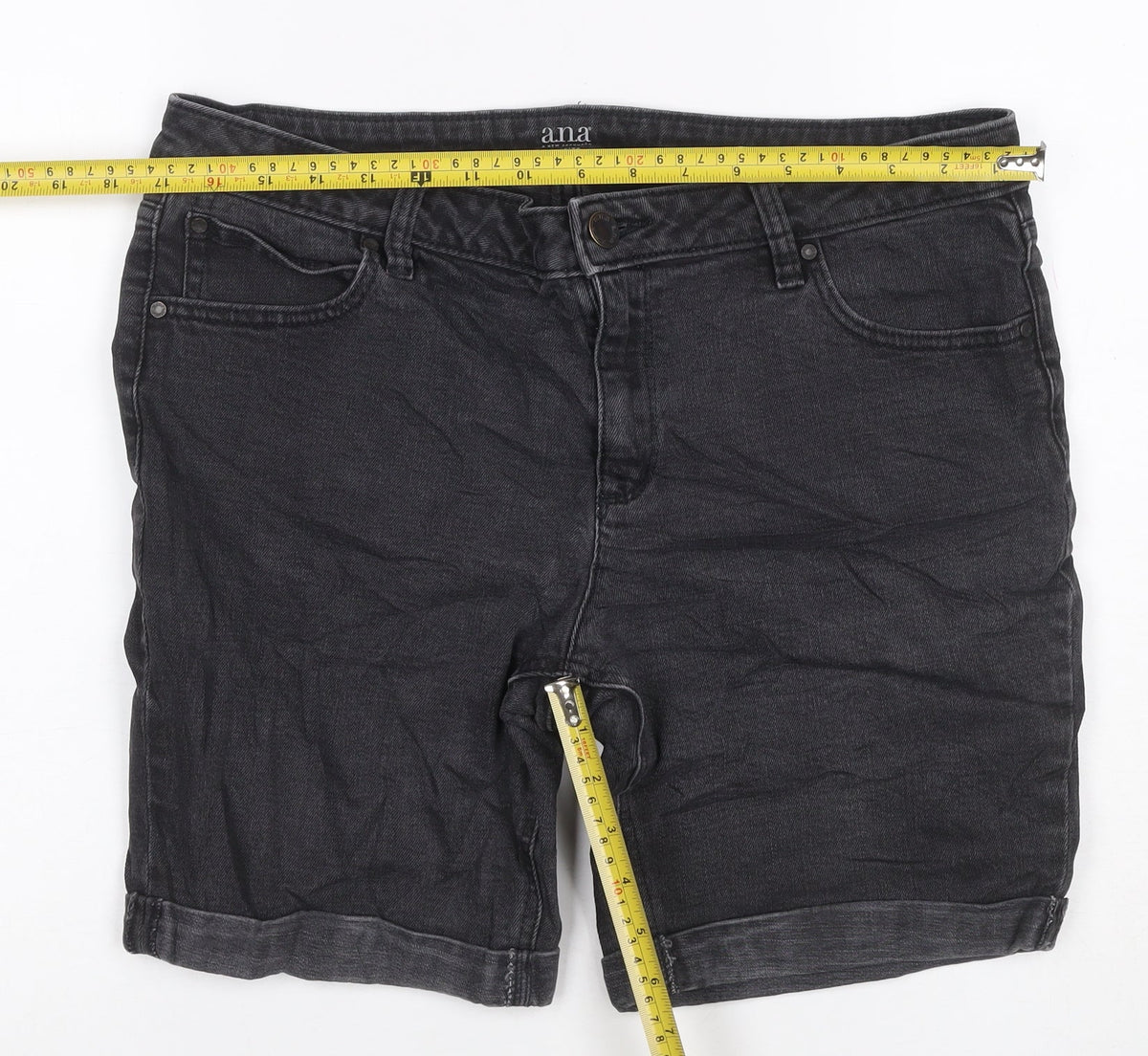 ANA Women’s Black Denim Bermuda Shorts UK 14 Petite 32in Waist Cuffed