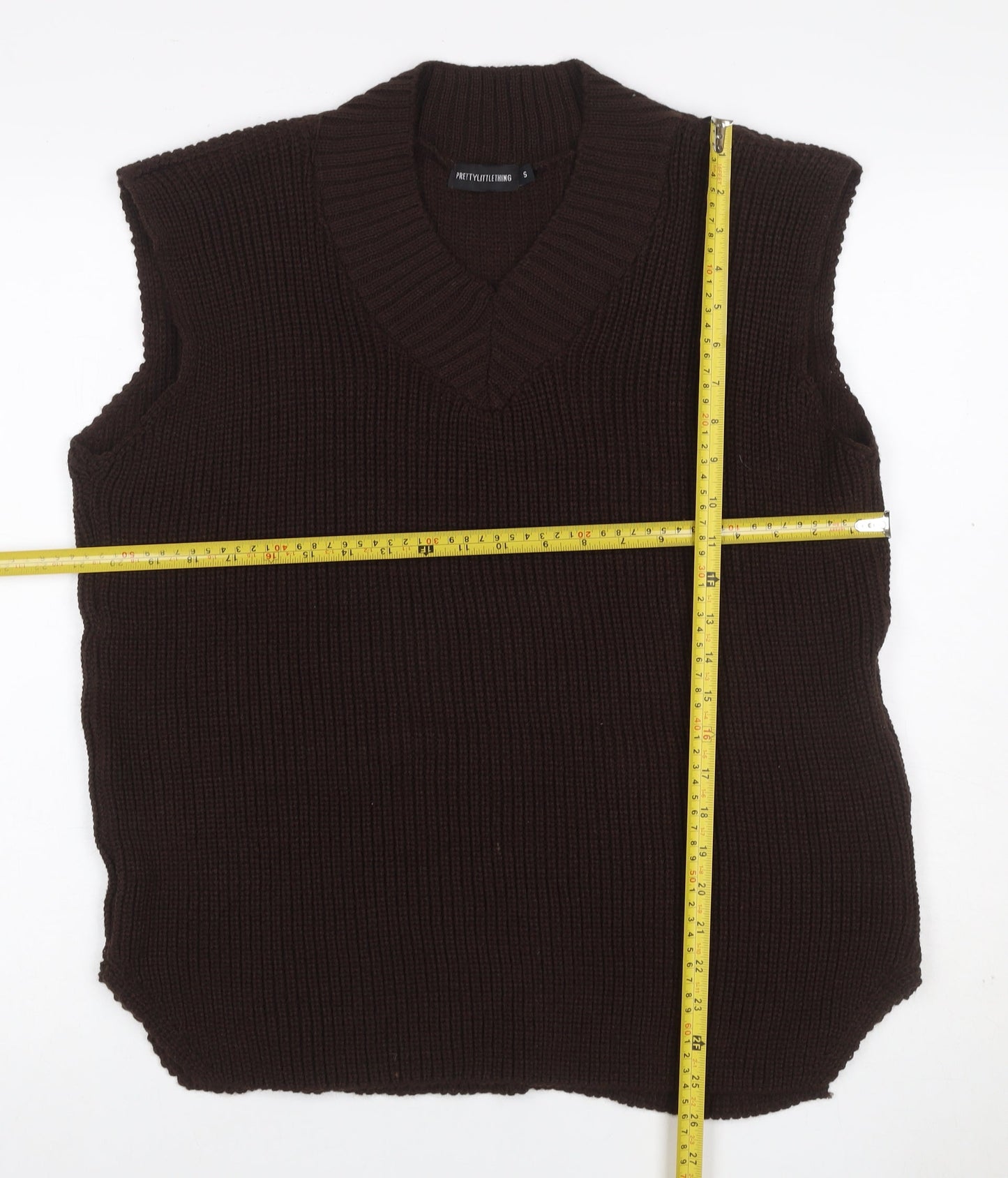 PrettyLittleThing Women’s Brown S V-Neck Sleeveless Rib Knit Jumper Vest