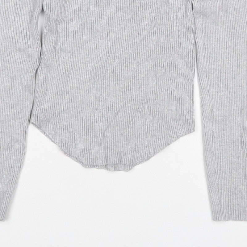 Stradivarius Women Grey UK 8 Rib Knit Roll Neck Slim Jumper