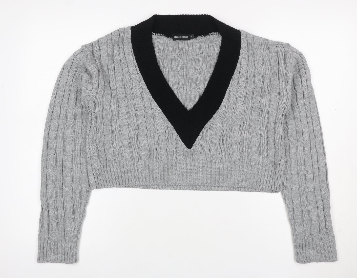 PrettyLittleThing Women’s Grey S Cable Knit V-Neck Cropped Jumper