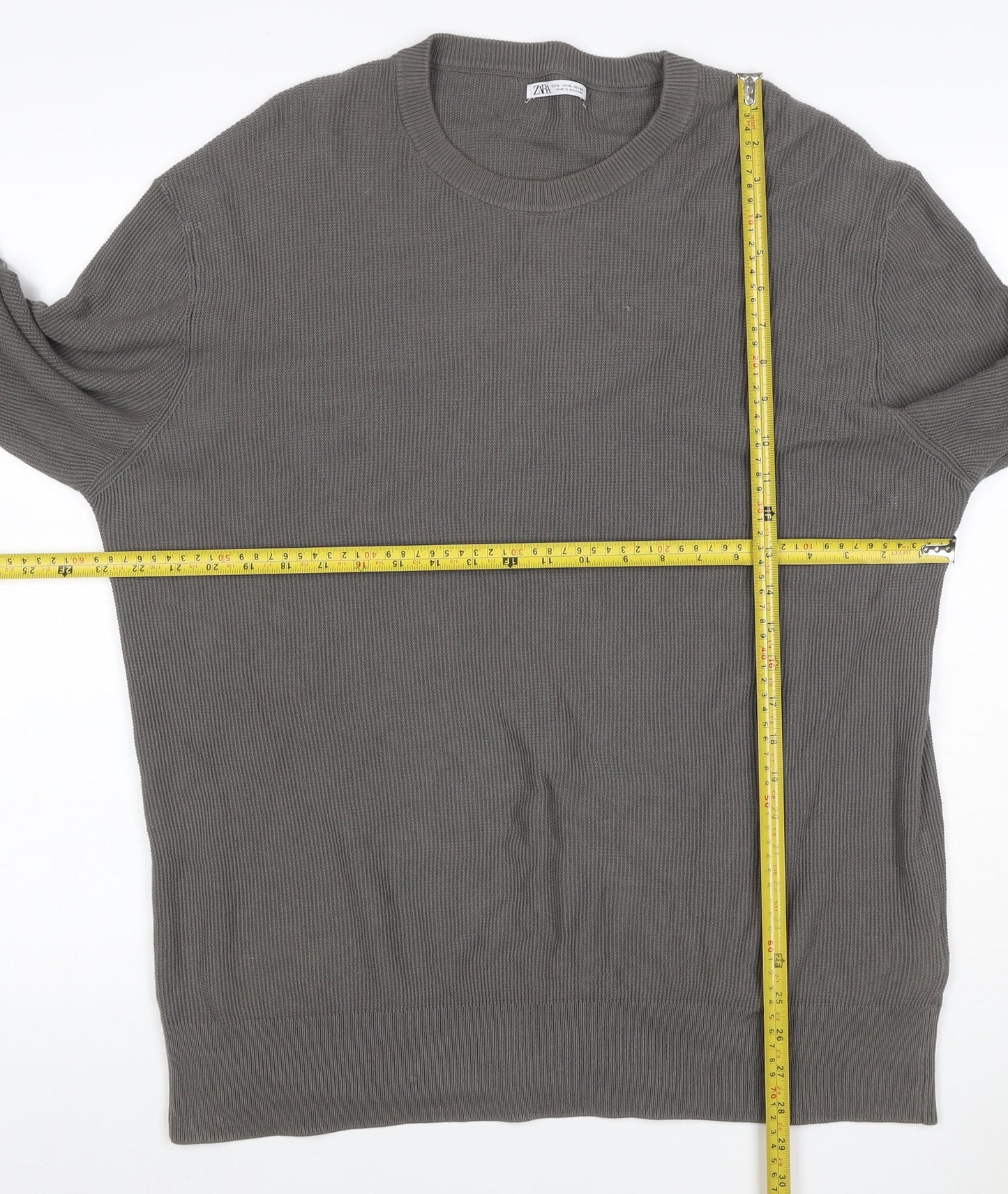Zara Men Grey XL Cotton Crew Neck Fine Knit Pullover Jumper